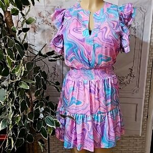 Emily McCarthy NWOT Pastel Swirl Ruffle Sleeve Dress XS
